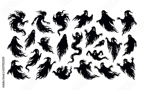 Collection of spooky halloween ghosts in black silhouette
