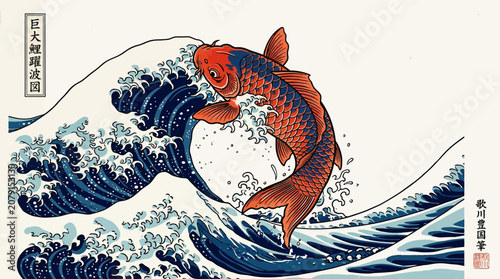 Traditional Japanese Ukiyo-e style woodblock print of a vibrant red Koi fish jumping powerfully over a crashing ocean wave.