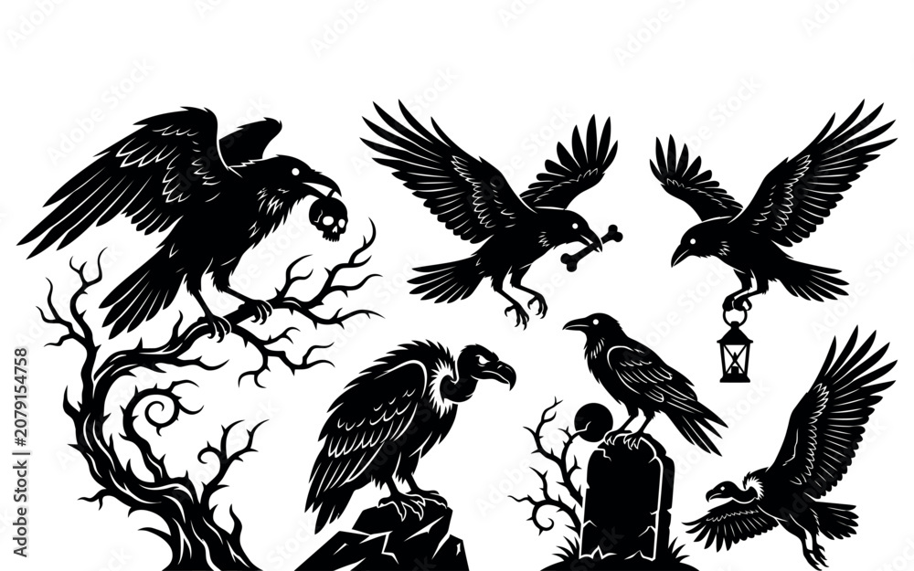 Obraz premium Halloween ravens and crows with bones and branches spooky black silhouette