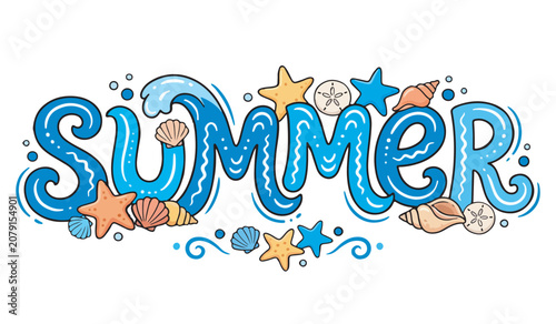 Beach Wave Summer Text with Seashells and Starfish