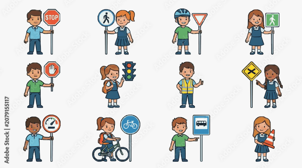 Fototapeta premium Children with Traffic Signs and Safety Characters.