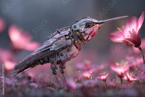 Robotic hummingbird in a high-tech garden