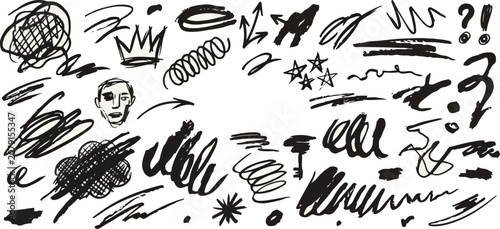 Grunge rough chalk scribbles or charcoal scratches. Abstract charcoal or brush stroke design elements for scrapbook, collage, notes and diary designs. Hand drawn thin, bold and wavy squiggles.