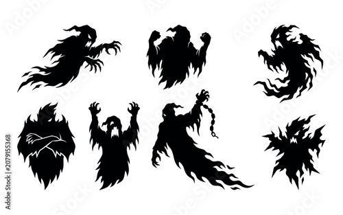 Cuadro en lienzo Collection of spooky halloween ghosts and specters in black silhouette