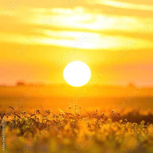 A bright, white sun shines over a field of golden grasses and wildflowers.
