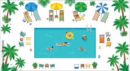 Φωτογραφία Swimming pool scene with people and beach umbrellas a colorful vector illustrati