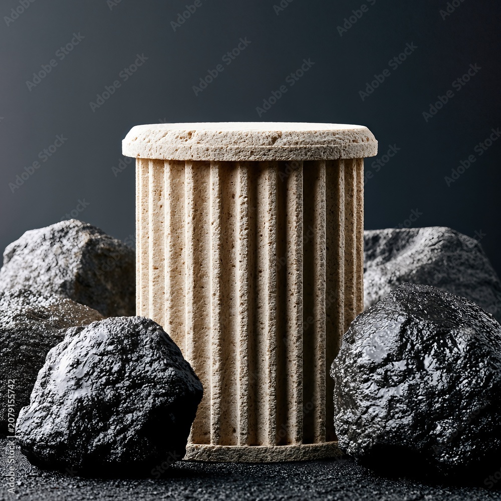 Obraz premium Ancient Column Pedestal Display With Raw Coal Rocks For Energy, History, And Industrial Concepts