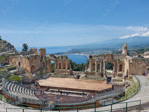 Ancient Greek theater of Taormina with Mount Etna in the background, Sicily, Italy

