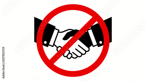 Photos No handshake sign illustration showing a red prohibition symbol over a handshake, representing social distancing and contact restrictions in the workplace