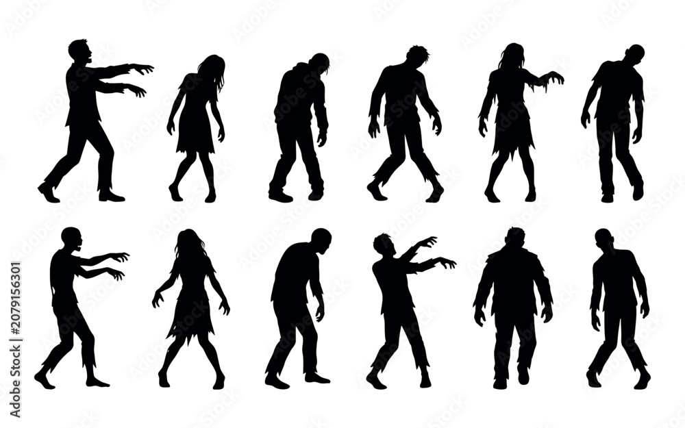 Obraz premium Collection of halloween zombies in various poses black silhouette