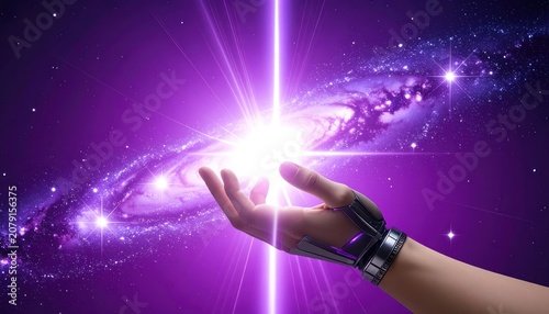 A human hand, adorned with a futuristic cybernetic bracelet, gently cups the universe, bathed in vibrant purple light emanating from a cosmic phenomenon.
