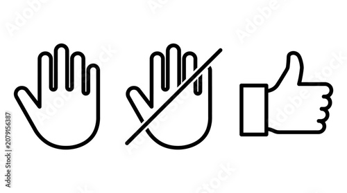 Foto Three line-art hand gesture icons: wave, stop/no-touch, and thumbs up — vector i