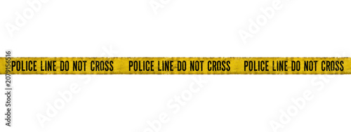 Old weathered yellow police line tape with repeated Police Line Do Not Cross warning text isolated on white background. Aged caution barrier banner with distressed texture for crime scene, law enforce