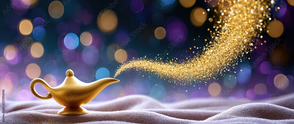 Obraz premium Magic Lamp Granting Wishes With Golden Glitter And Bokeh Lights, Dreams, Success, And Opportunity