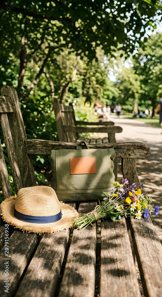 Fototapeta premium Straw hat and bag on wooden bench in park with flowers
