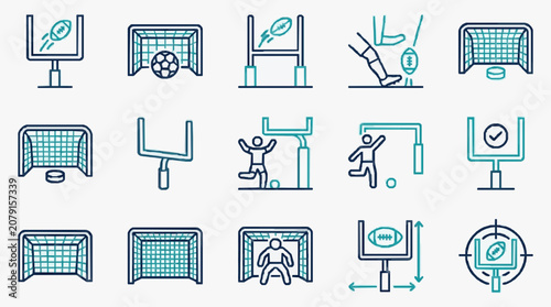 Photography Minimalist Line Art Icons Showing Various Sports Scoring and Goal Scenarios in B
