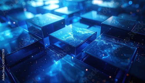 Abstract digital background with glowing blue cubes and particles.