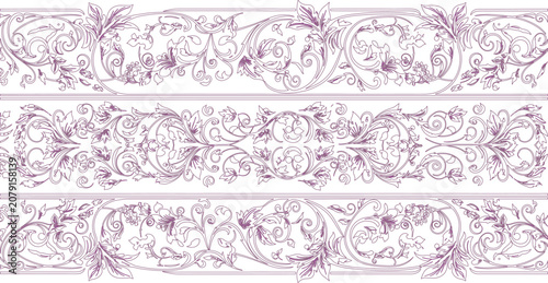 Schilderij op canvas Floral borders showcase intricate purple damask patterns featuring elaborate swirling botanical motifs