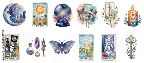 Konstfotografi Mystical watercolor tarot clipart set with celestial symbols and magical occult elements