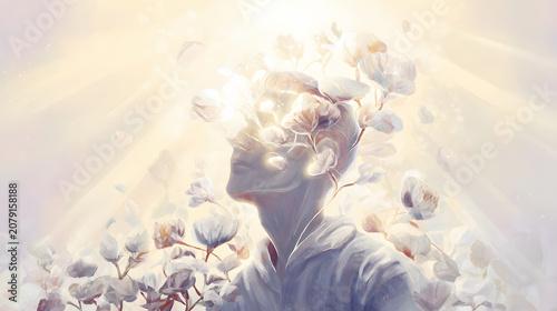 Surrealist portrait with flowers and divine light