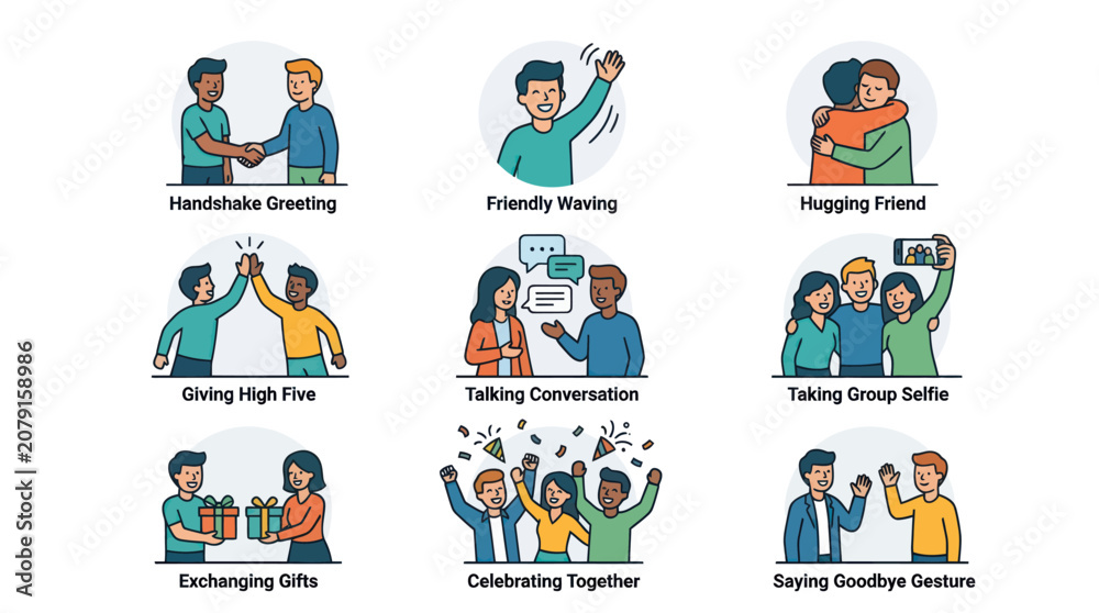 Fototapeta premium Flat vector icon set of social human interactions: handshake greeting, friendly waving, hugging friend, giving high five, talking conversation, taking group selfie, exchanging gifts, celebrating