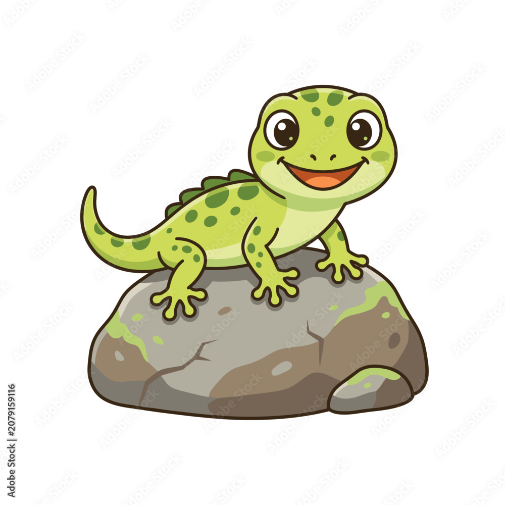 Obraz premium Cute cartoon lizard on a rock smiling happy character