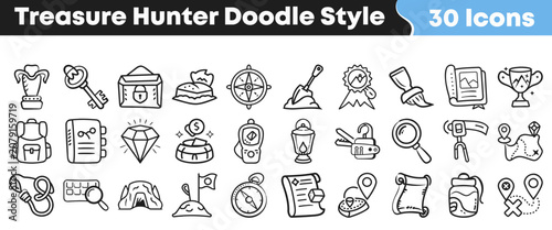 Konstfotografi Set of thirty hand drawn treasure hunter icons in doodle style