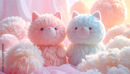 Soft Pastel Plush Cats in Dreamy Pink Clouds
