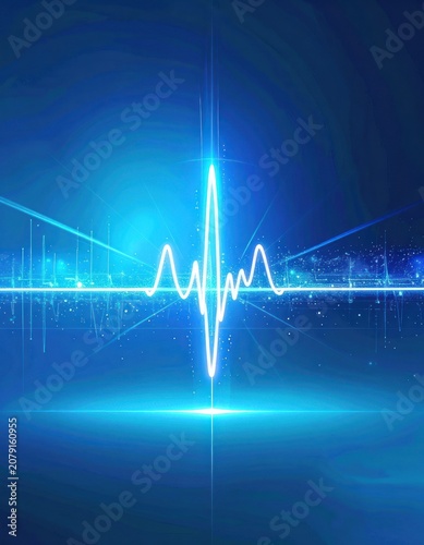 An abstract digital representation of a sound wave pulsates with vibrant blue and white light against a deep blue background, suggesting data, energy, or rhythm.