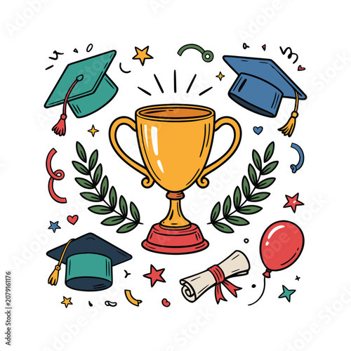 Hand-drawn graduation and achievement doodle elements set with trophy, mortarboards, and diploma
