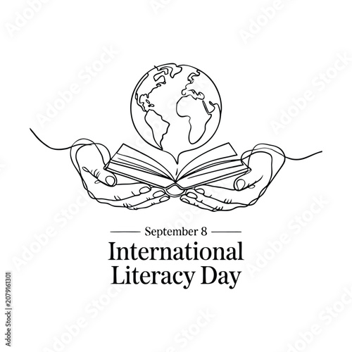 Continuous line art of hands holding an open book and a globe, representing International Literacy Day, education, and knowledge concept