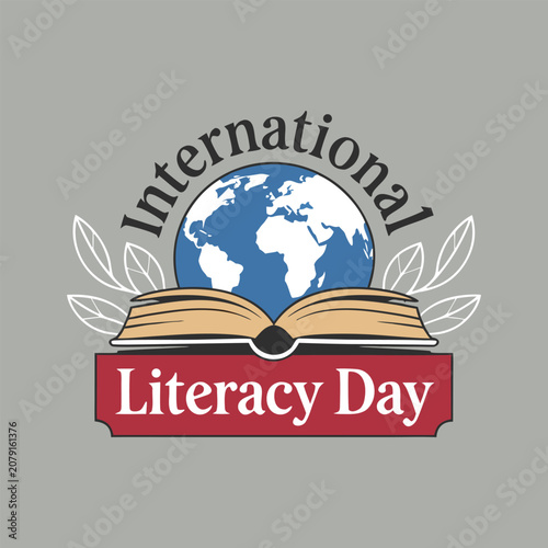 International Literacy Day logo or emblem with an open book and globe