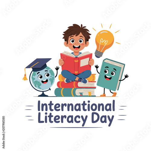 Happy International Literacy Day typography design with cute boy reading book and cartoon characters