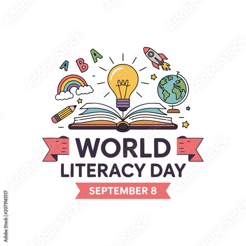 World Literacy Day vector illustration with open book, glowing lightbulb, globe, and school supplies on white background