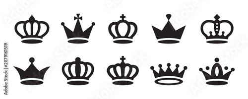 Set of black vector crown silhouettes for royal logo design elements and heraldic heraldry icons.