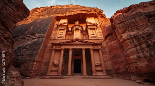 Grand ancient stone temple carved into rock with ornate columns and intricate carvings