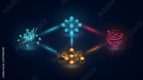Smart business automation platform connecting finance, marketing and operations workflows, futuristic data visualization