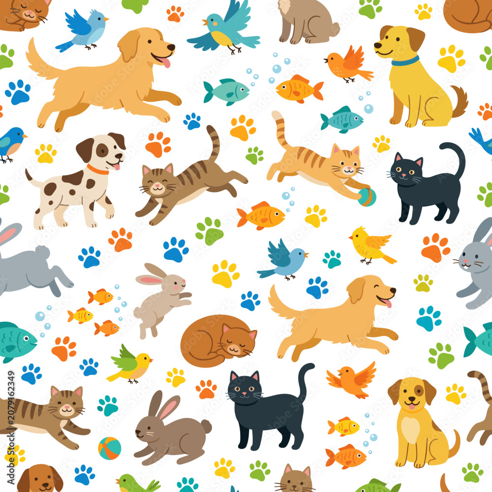 Fototapeta premium Seamless pattern with cute pets and animals