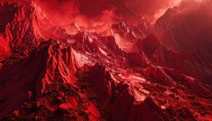 Crédence de cuisine Bordeaux Vast, alien landscape of jagged, red mountains under a cloudy, crimson sky.  © Ilwa
