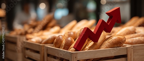 Growth in bakery sales shown by upward arrow graph in a supermarket setting with various food products in the background