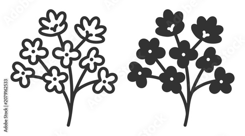 Flower branch outline and silhouette vector illustration on transparent background