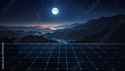 Scenic night landscape with mountains, moon, stars, and a futuristic grid overlay