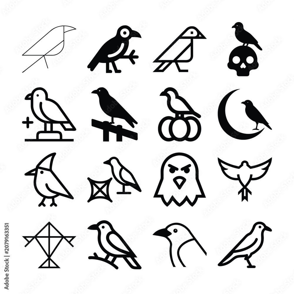 Fototapeta premium Set of black crows and ravens on white background featuring various artistic styles including line art and silhouette graphic vector design.