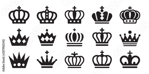 Fotografía Set of crown icons, black silhouettes of royal crowns isolated on checkered background