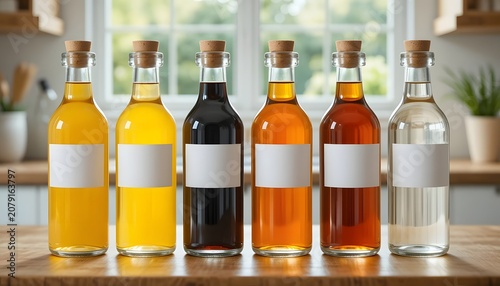 Row of assorted colorful liquid bottles on kitchen counter