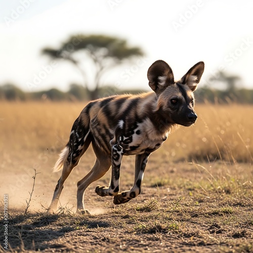 Alert African Wild Dog Running Across Dry Savanna Grassland