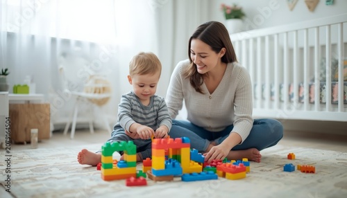 There is a woman and a child playing with legos on the floor
