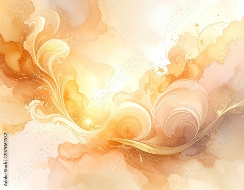 An abstract ethereal watercolor painting features swirling organic shapes and shimmering golden accents in warm hues of orange and yellow.