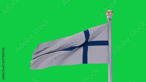 White flag with blue cross waving from gusting wind on transparent bg, pole showing fabric motion
