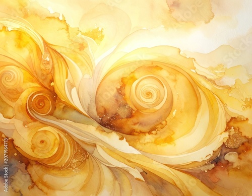 An abstract watercolor painting features flowing golden and yellow hues with swirling patterns reminiscent of shells or galaxies, creating a sense of luminous energy and organic movement.